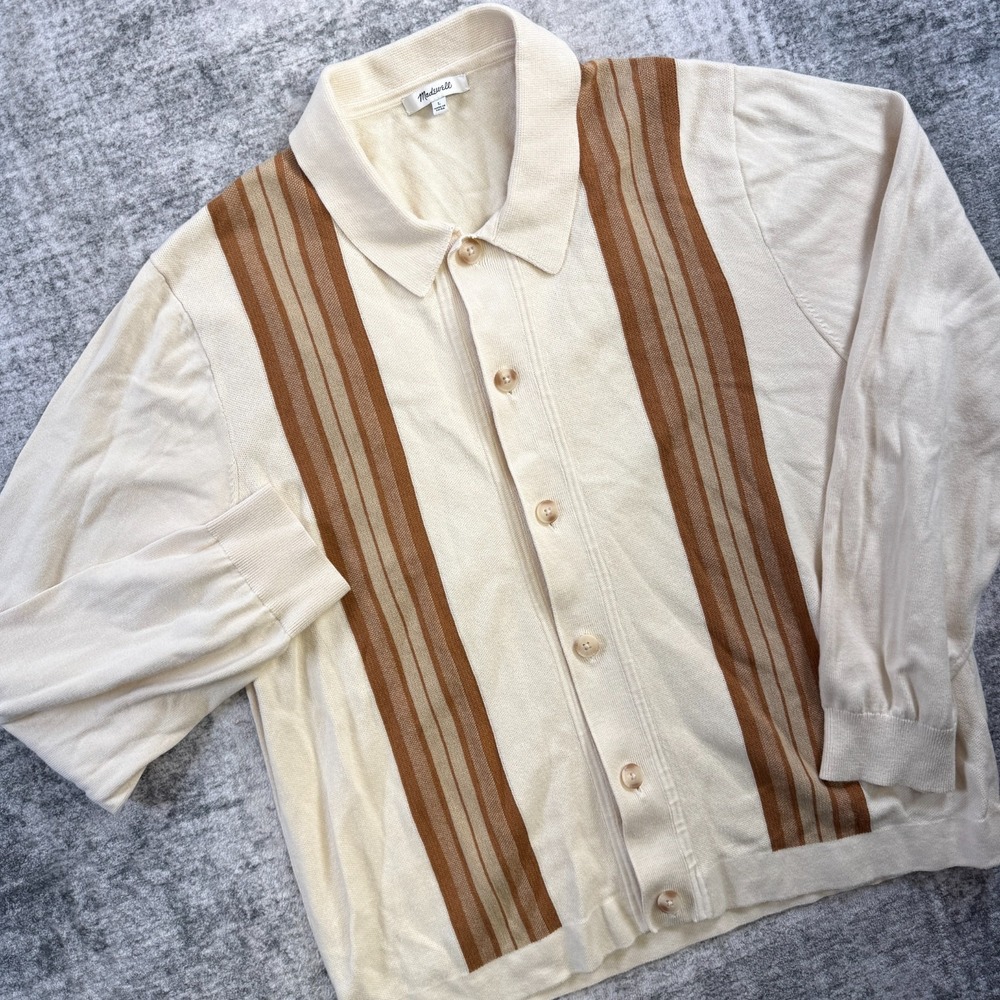 Madewell Sweater Polo Mens Large Cream Brown Stripes Knit Button Up Retro Casual